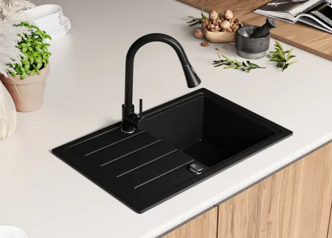 PRIMAGRAN Spülbecken Schwarz 70x44cm, Granitspüle 1 Becken + Ablauf-Set, Küchenspüle ab 45er Unterschrank - Kopenhagen Easy