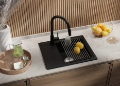PRIMAGRAN Spülbecken Schwarz 55x44cm, Granitspüle 1 Becken + Ablauf-Set, Küchenspüle ab 45er Unterschrank - Kopenhagen Easy