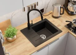 PRIMAGRAN Spülbecken Schwarz 55x44cm, Granitspüle 1 Becken + Ablauf-Set, Küchenspüle ab 45er Unterschrank - Kopenhagen Easy