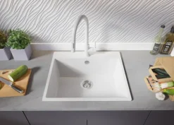 PRIMAGRAN Spülbecken Weiß 58x50cm, Granitspüle 1 Becken + Ablauf-Set, Küchenspüle ab 60er Unterschrank - Riga