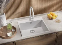 PRIMAGRAN Spülbecken Weiß 58x50cm, Granitspüle 1 Becken + Ablauf-Set, Küchenspüle ab 60er Unterschrank - Riga