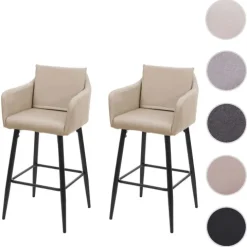 PROREGAL 2er-Set Barhocker mit Lehne Sitzhöhe 74cm Fußablage Metall Kunstleder Taupe-beige Barstuhl Tresenhocker