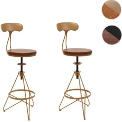 PROREGAL 2er-Set Barhocker mit Lehne, Sitzhöhe 64-83cm, höhenverstellbar drehbar Fußablage, Industrial Metall Holz, Braun, Gestell gold, Barstuhl