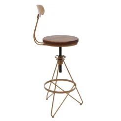 PROREGAL 2er-Set Barhocker mit Lehne, Sitzhöhe 64-83cm, höhenverstellbar drehbar Fußablage, Industrial Metall Holz, Braun, Gestell gold, Barstuhl
