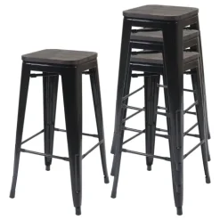 PROREGAL 4er-Set Barhocker inkl. Holz-Sitzfläche Sitzhöhe 76cm Metall Industriedesign stapelbar Schwarz Barstuhl Tresenhocker