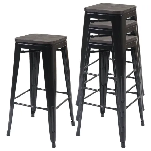 PROREGAL 4er-Set Barhocker inkl. Holz-Sitzfläche Sitzhöhe 76cm Metall Industriedesign stapelbar Schwarz Barstuhl Tresenhocker