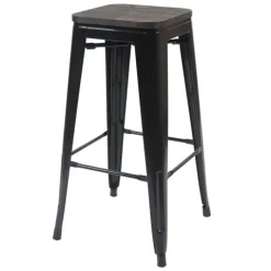 PROREGAL 4er-Set Barhocker inkl. Holz-Sitzfläche Sitzhöhe 76cm Metall Industriedesign stapelbar Schwarz Barstuhl Tresenhocker