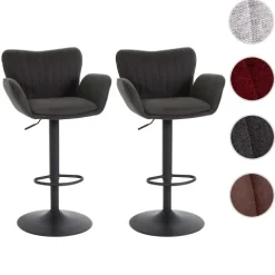 PROREGAL 2er-Set Barhocker gepolstert mit Lehne, Sitzhöhe 66-90cm, mit Armlehne Fußablage drehbar Stoff/Textil Eisen, Dunkelgrau Fuß Schwarz, Barstuhl