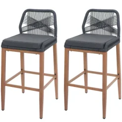 PROREGAL 2er-Set Rope-Barhocker, HxBxT 101x45x50 cm, Sitzhöhe 76cm, Anthrazit, Kissen Dunkelgrau, Outdoor Sitzpolster Seilgeflecht Metall Holz-Optik