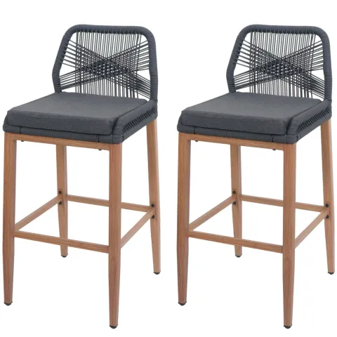 PROREGAL 2er-Set Rope-Barhocker, HxBxT 101x45x50 cm, Sitzhöhe 76cm, Anthrazit, Kissen Dunkelgrau, Outdoor Sitzpolster Seilgeflecht Metall Holz-Optik