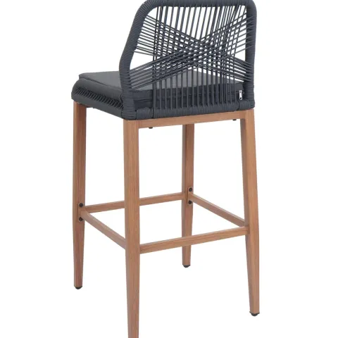 PROREGAL 2er-Set Rope-Barhocker, HxBxT 101x45x50 cm, Sitzhöhe 76cm, Anthrazit, Kissen Dunkelgrau, Outdoor Sitzpolster Seilgeflecht Metall Holz-Optik
