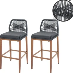 PROREGAL 2er-Set Rope-Barhocker, HxBxT 101x45x50 cm, Sitzhöhe 76cm, Anthrazit, Kissen Dunkelgrau, Outdoor Sitzpolster Seilgeflecht Metall Holz-Optik