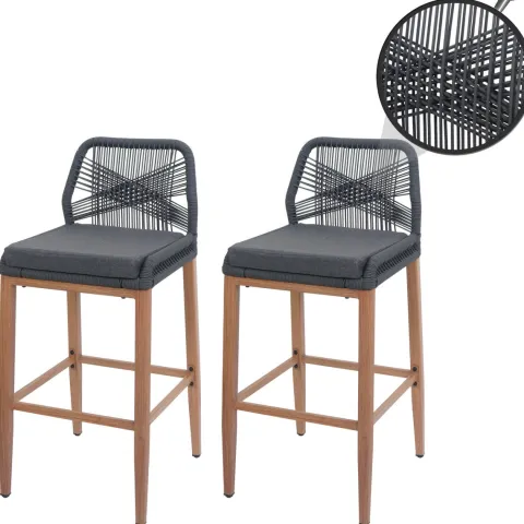 PROREGAL 2er-Set Rope-Barhocker, HxBxT 101x45x50 cm, Sitzhöhe 76cm, Anthrazit, Kissen Dunkelgrau, Outdoor Sitzpolster Seilgeflecht Metall Holz-Optik