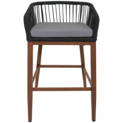 PROREGAL 2er-Set Rope-Barhocker, HxBxT 92x51x53 cm, Sitzhöhe 76cm, Anthrazit, Kissen Hellgrau, Outdoor Sitzpolster Seilgeflecht Metall Holz-Optik