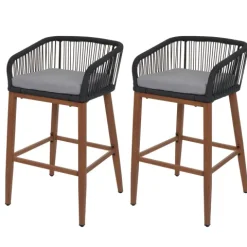 PROREGAL 2er-Set Rope-Barhocker, HxBxT 92x51x53 cm, Sitzhöhe 76cm, Anthrazit, Kissen Hellgrau, Outdoor Sitzpolster Seilgeflecht Metall Holz-Optik