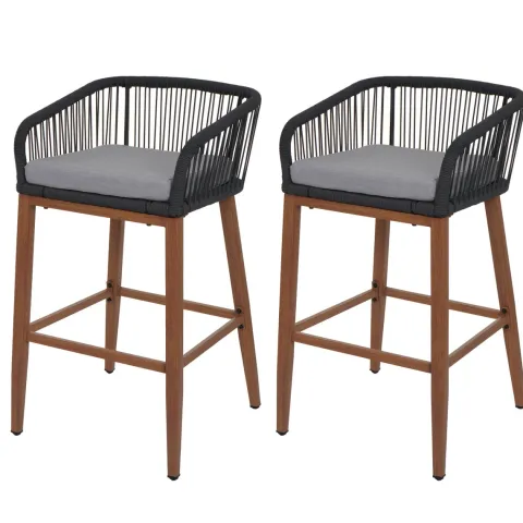 PROREGAL 2er-Set Rope-Barhocker, HxBxT 92x51x53 cm, Sitzhöhe 76cm, Anthrazit, Kissen Hellgrau, Outdoor Sitzpolster Seilgeflecht Metall Holz-Optik