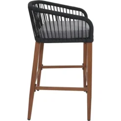 PROREGAL 2er-Set Rope-Barhocker, HxBxT 92x51x53 cm, Sitzhöhe 76cm, Anthrazit, Kissen Hellgrau, Outdoor Sitzpolster Seilgeflecht Metall Holz-Optik