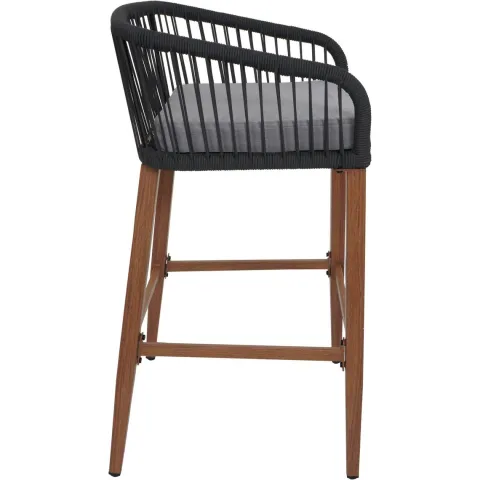PROREGAL 2er-Set Rope-Barhocker, HxBxT 92x51x53 cm, Sitzhöhe 76cm, Anthrazit, Kissen Hellgrau, Outdoor Sitzpolster Seilgeflecht Metall Holz-Optik