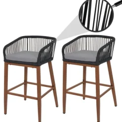 PROREGAL 2er-Set Rope-Barhocker, HxBxT 92x51x53 cm, Sitzhöhe 76cm, Anthrazit, Kissen Hellgrau, Outdoor Sitzpolster Seilgeflecht Metall Holz-Optik