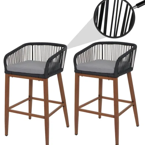 PROREGAL 2er-Set Rope-Barhocker, HxBxT 92x51x53 cm, Sitzhöhe 76cm, Anthrazit, Kissen Hellgrau, Outdoor Sitzpolster Seilgeflecht Metall Holz-Optik