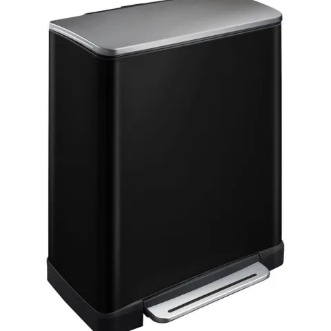 PROREGAL Stilvoller Rechteckiger Treteimer Mit Extra Breitem Pedal 46 Liter HxBxT 65 x 50 x 34,5 cm 2 Inneneimer Schwarz Deckel Edelstahl