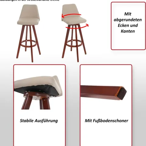 PROREGAL Barhocker drehbar mit Lehne Sitzhöhe 72cm Holz Kunstleder drehbar Creme Barstuhl Tresenhocker