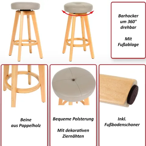 PROREGAL Barhocker drehbar und einfach Sitzhöhe 67cm Holz Kunstleder drehbar Schwarz helle Beine Barstuhl Tresenhocker