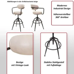 PROREGAL Barhocker gepolstert mit Lehne, Sitzhöhe 66-76cm, höhenverstellbar Industrial Wildleder-Optik, vintage Beige, Barstuhl Drehhocker