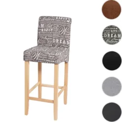 PROREGAL Barhocker gepolstert mit Lehne Sitzhöhe 75cm Holz| Schriftzug Grau helle Beine Stoff/Textil Barstuhl Tresenhocker