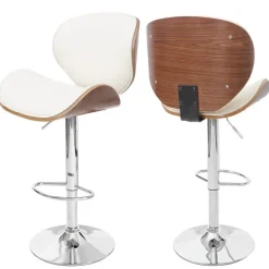 PROREGAL Barhocker höhenverstellbar mit Lehne Sitzhöhe 62-84cm Holz Bugholz Retro-Design Walnuss-Optik Kunstleder Creme Barstuhl