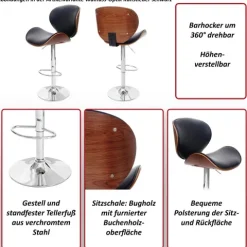 PROREGAL Barhocker höhenverstellbar mit Lehne Sitzhöhe 62-84cm Holz Bugholz Retro-Design Grau Kunstleder Schwarz Barstuhl