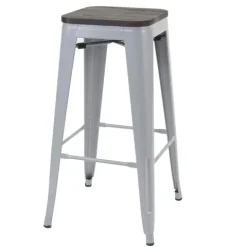 PROREGAL Barhocker inkl. Holz-Sitzfläche Sitzhöhe 76cm Metall Industriedesign stapelbar Grau Barstuhl Tresenhocker