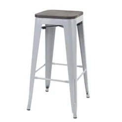 PROREGAL Barhocker inkl. Holz-Sitzfläche Sitzhöhe 76cm Metall Industriedesign stapelbar Grau Barstuhl Tresenhocker