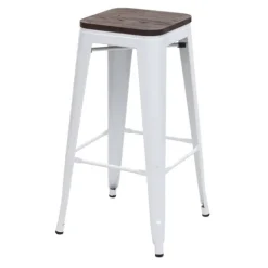 PROREGAL Barhocker inkl. Holz-Sitzfläche Sitzhöhe 76cm Metall Industriedesign stapelbar Weiß Barstuhl Tresenhocker