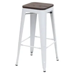 PROREGAL Barhocker inkl. Holz-Sitzfläche Sitzhöhe 76cm Metall Industriedesign stapelbar Weiß Barstuhl Tresenhocker