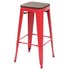 PROREGAL Barhocker inkl. Holz-Sitzfläche Sitzhöhe 76cm Metall Industriedesign stapelbar Rot Barstuhl Tresenhocker