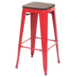 PROREGAL Barhocker inkl. Holz-Sitzfläche Sitzhöhe 76cm Metall Industriedesign stapelbar Rot Barstuhl Tresenhocker