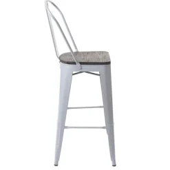 PROREGAL Barhocker mit Lehne inkl. Holz-Sitzfläche Sitzhöhe 77cm Metall Industriedesign Grau Barstuhl Tresenhocker mit Lehne