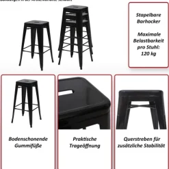 PROREGAL Barhocker Sitzhöhe 77cm Metall Industriedesign stapelbar Schwarz Barstuhl Tresenhocker