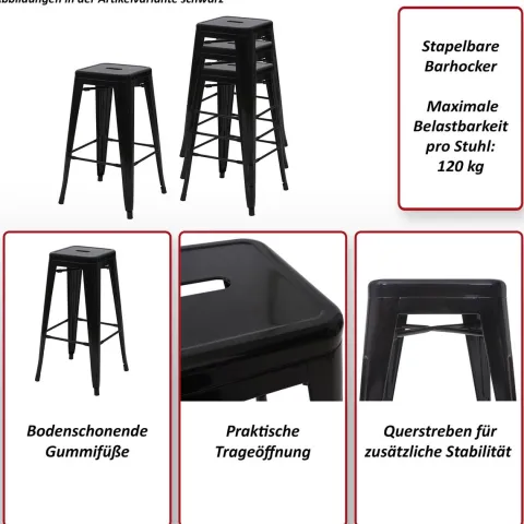 PROREGAL Barhocker Sitzhöhe 77cm Metall Industriedesign stapelbar Schwarz Barstuhl Tresenhocker