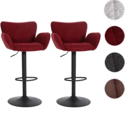 PROREGAL 2er-Set Barhocker gepolstert mit Lehne, Sitzhöhe 66-90cm, mit Armlehne Fußablage drehbar Stoff/Textil Eisen, Bordeaux Fuß Schwarz, Barstuhl
