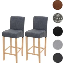 PROREGAL 2er-Set Barhocker gepolstert mit Lehne Sitzhöhe 75cm Holz Dunkelgrau helle Beine Stoff/Textil Barstuhl Tresenhocker