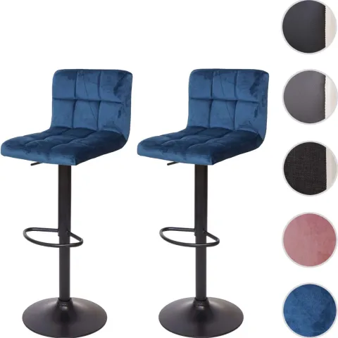PROREGAL 2er-Set Barhocker gepolstert mit Lehne Sitzhöhe 63-87cm höhenverstellbar Samt Petrol-Blau Fuß Schwarz| Tresenhocker Barstuhl