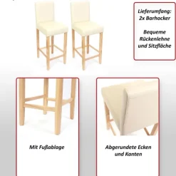 PROREGAL 2er-Set Barhocker gepolstert mit Lehne Barstuhl Kunstleder Sitzhöhe 74cm helle Füße| Creme