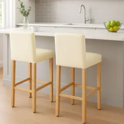 PROREGAL 2er-Set Barhocker gepolstert mit Lehne Barstuhl Kunstleder Sitzhöhe 74cm helle Füße| Creme