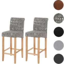 PROREGAL 2er-Set Barhocker gepolstert mit Lehne Sitzhöhe 75cm Holz Schriftzug Grau helle Beine Stoff/Textil Barstuhl Tresenhocker