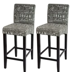 PROREGAL 2er-Set Barhocker gepolstert mit Lehne Sitzhöhe 75cm Holz Schriftzug Grau dunkle Beine Stoff/Textil Barstuhl Tresenhocker