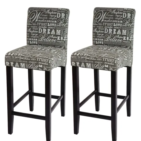 PROREGAL 2er-Set Barhocker gepolstert mit Lehne Sitzhöhe 75cm Holz Schriftzug Grau dunkle Beine Stoff/Textil Barstuhl Tresenhocker