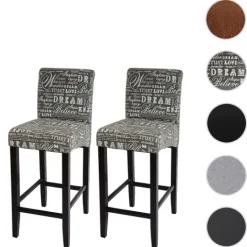 PROREGAL 2er-Set Barhocker gepolstert mit Lehne Sitzhöhe 75cm Holz Schriftzug Grau dunkle Beine Stoff/Textil Barstuhl Tresenhocker