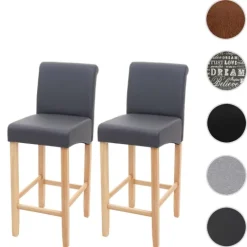 PROREGAL 2er-Set Barhocker gepolstert mit Lehne Sitzhöhe 75cm Holz Grau matt helle Beine Kunstleder Barstuhl Tresenhocker